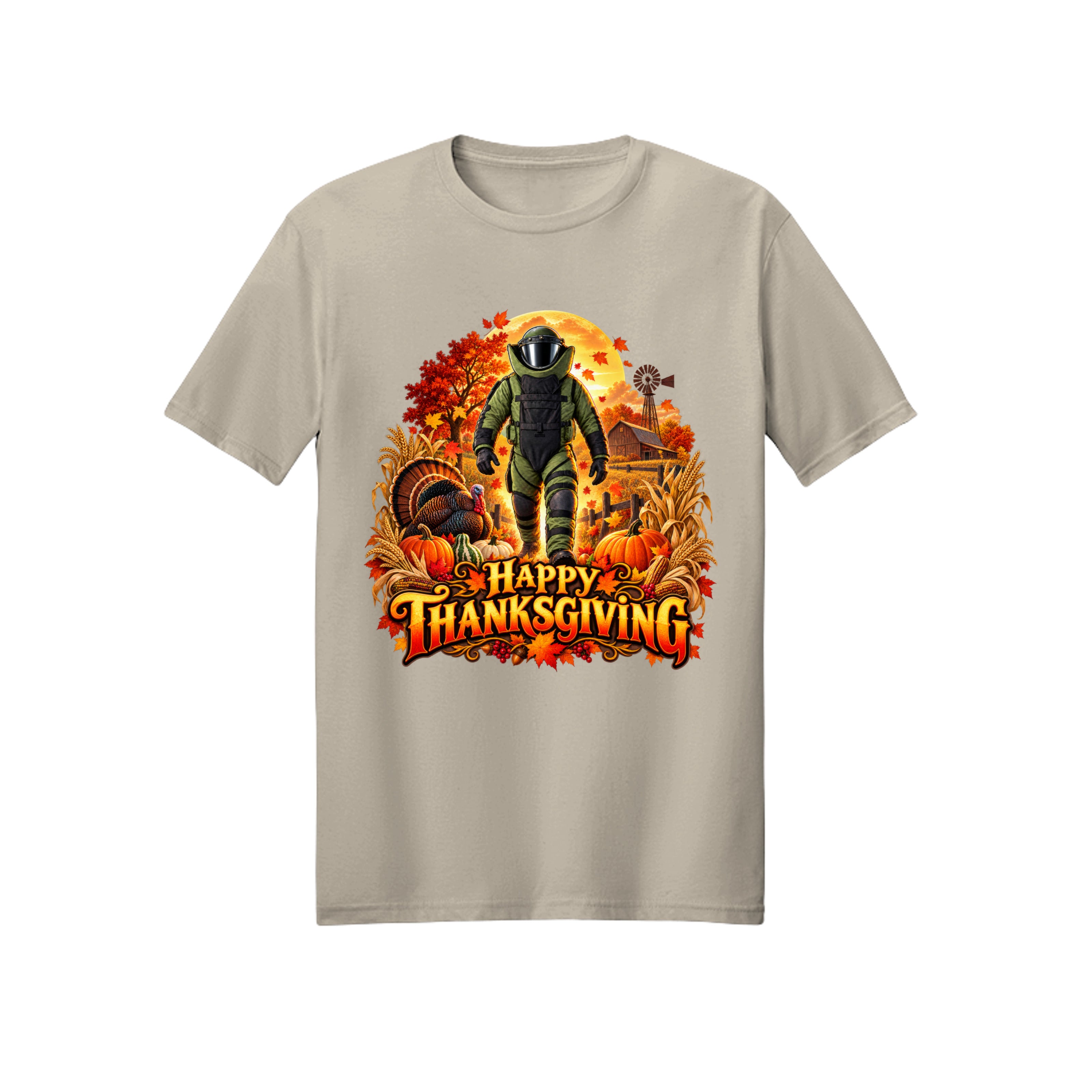 Bomb Suit Thanksgiving T-shirt design — a bomb suit character with a live turkey on a fall day