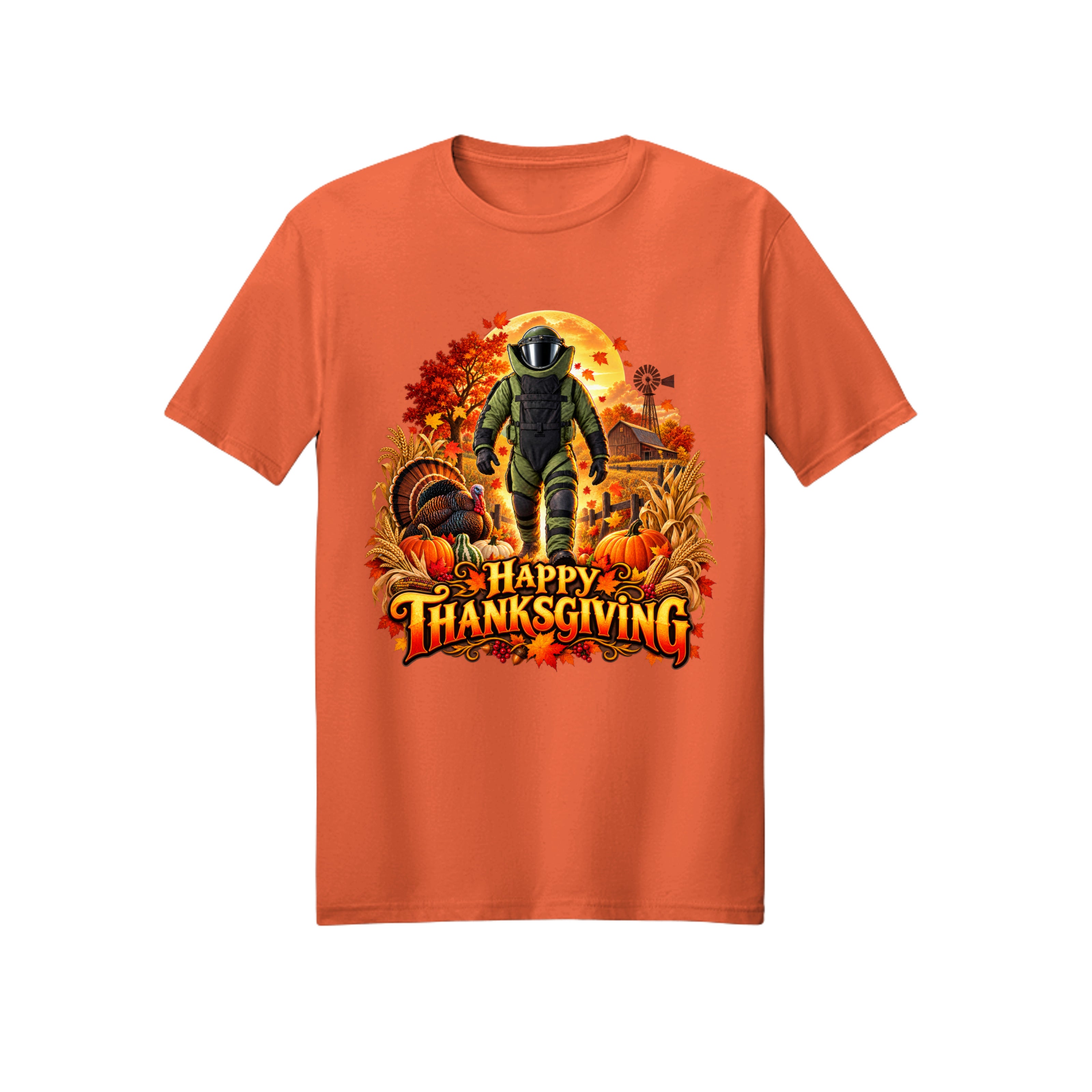 Bomb Suit Thanksgiving T-shirt design — a bomb suit character with a live turkey on a fall day