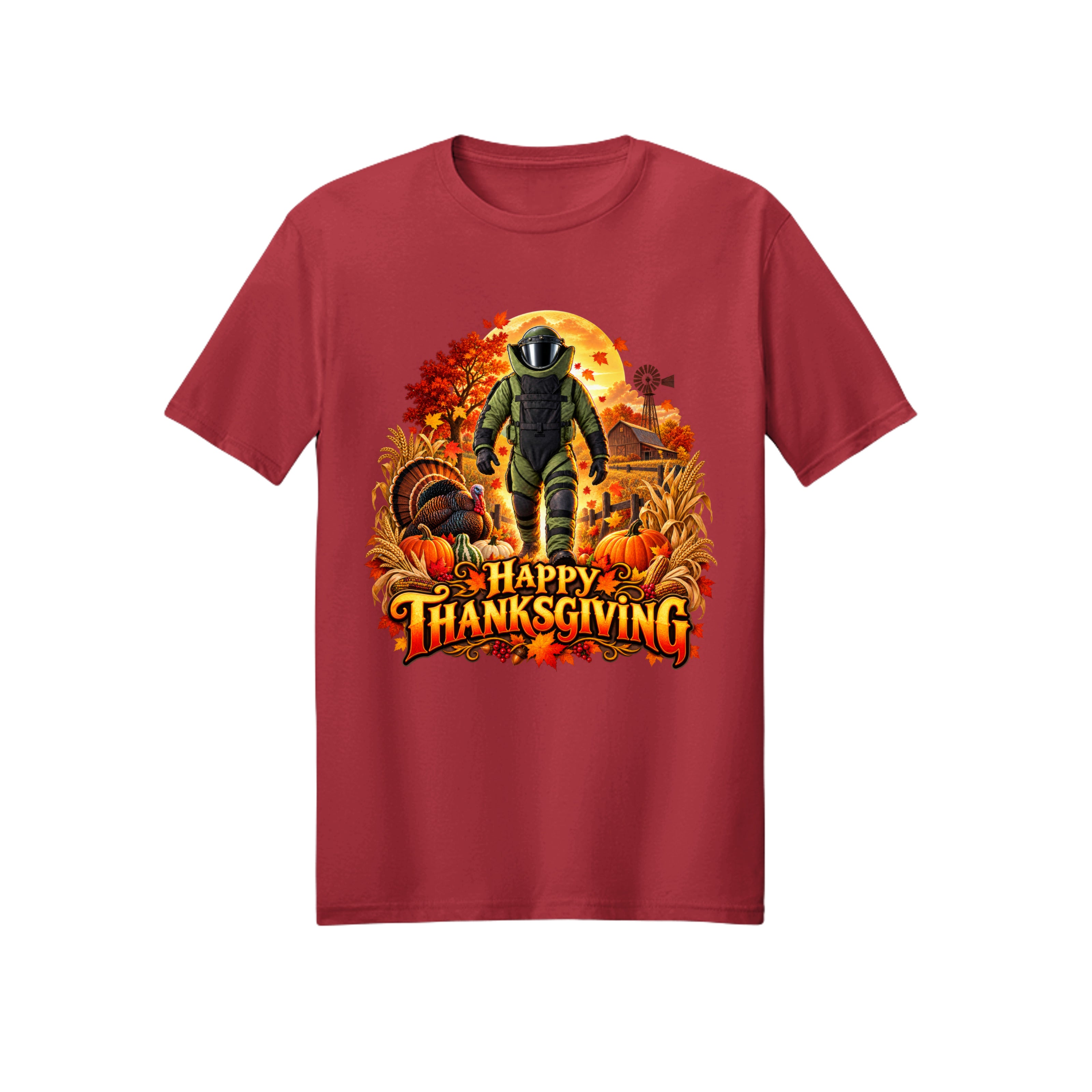 Bomb Suit Thanksgiving T-shirt design — a bomb suit character with a live turkey on a fall day