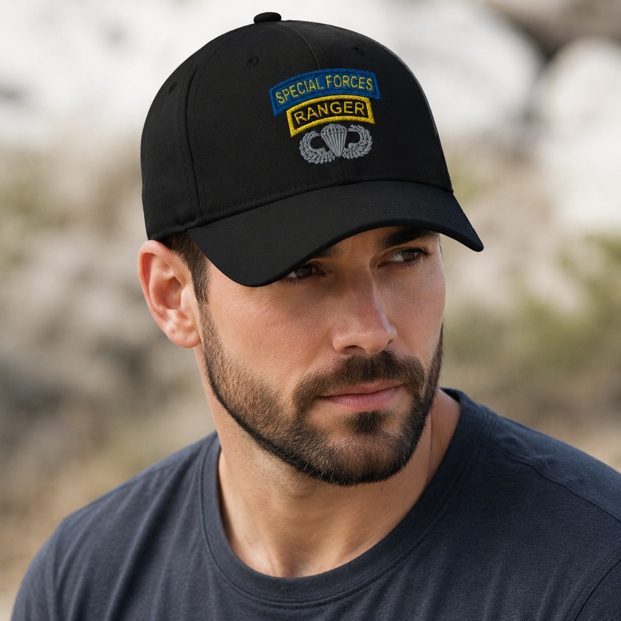 Black Special Forces Ranger Airborne embroidered hat worn outdoors