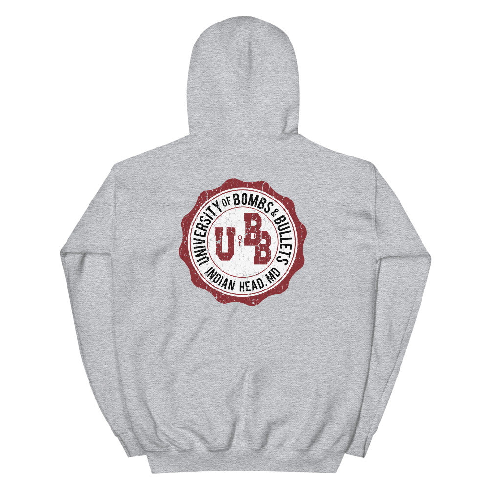 University of Bombs and Bullets Indian Head EOD aged vintage distressed design hoodie.