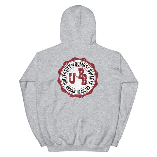University of Bombs and Bullets Indian Head EOD aged vintage distressed design hoodie.